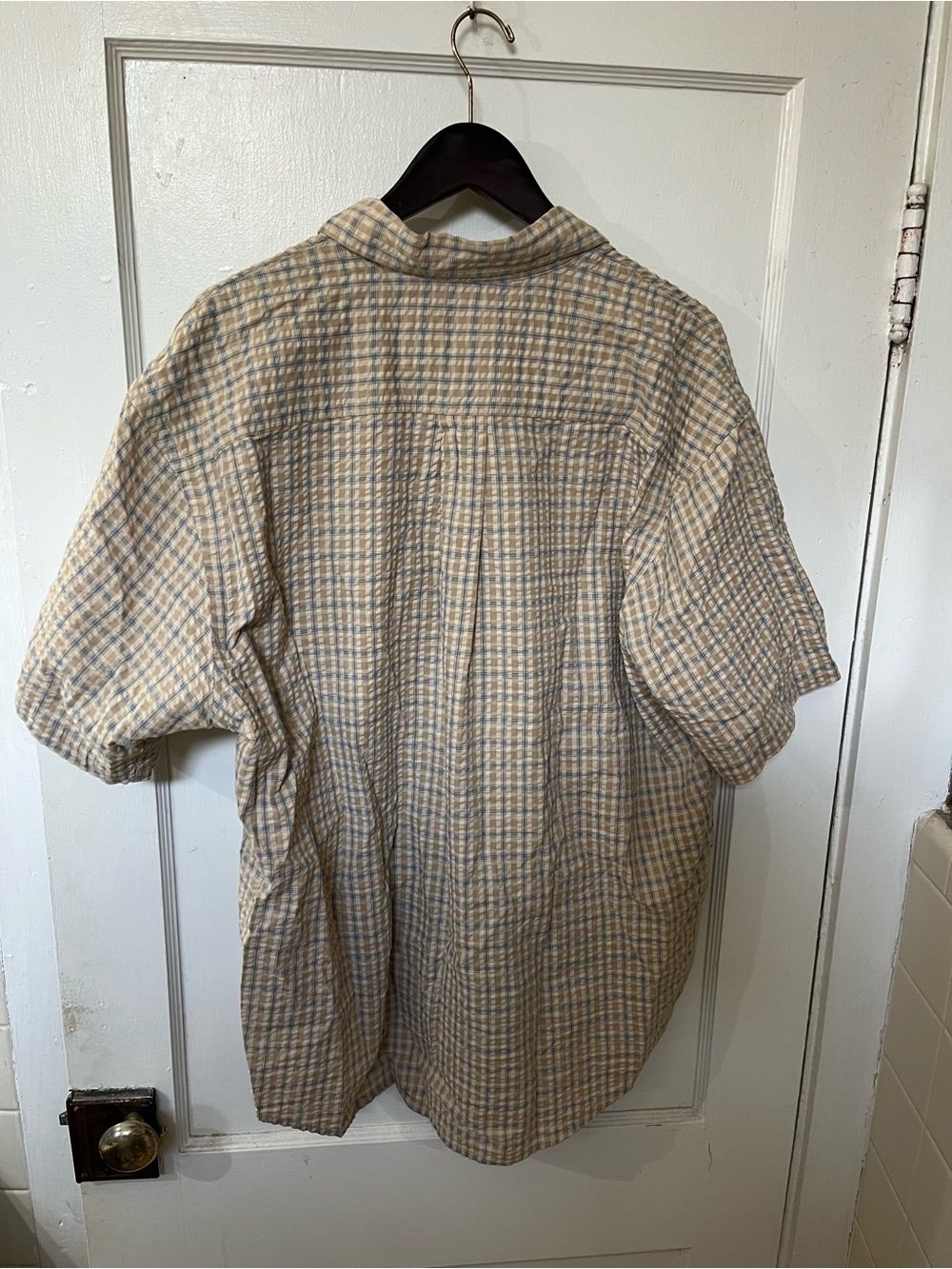Izod Mens XL Button Down Shirt Short Sleeve Plaid Plisse Seersucker Casual EUC - Picture 5 of 5